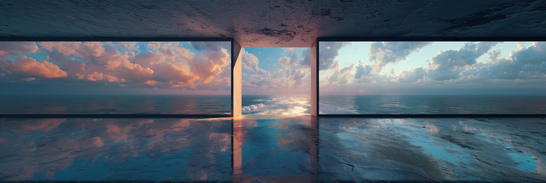 beautiful abstract visualization of aa blended physical and metaphysical planes, bright sky blending through concrete structure
